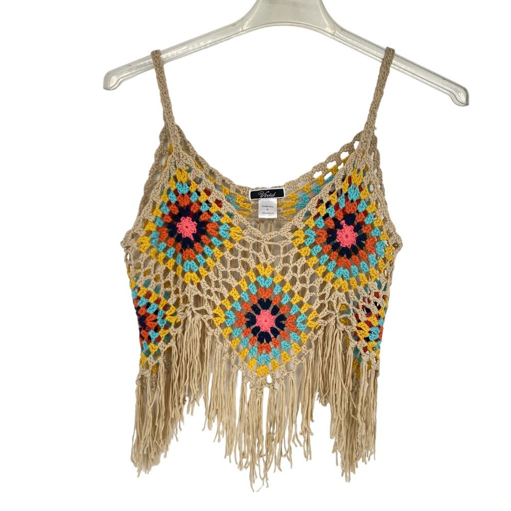 Vivid M Boho Crochet Fringe Tank Top Multicolored Patchwork Summer Festival